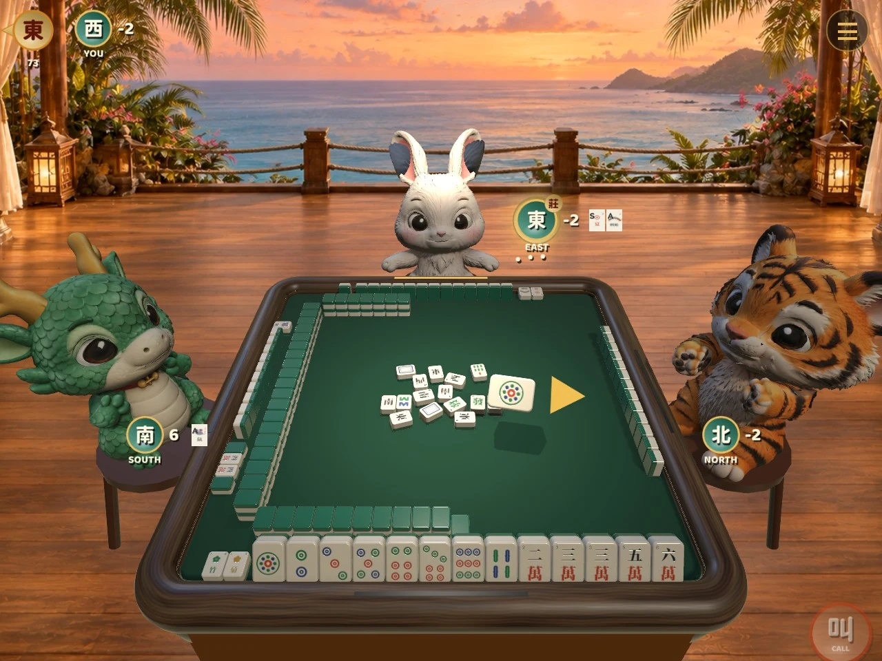 The full mahjong table with animal characters on a tropical sunset terrace