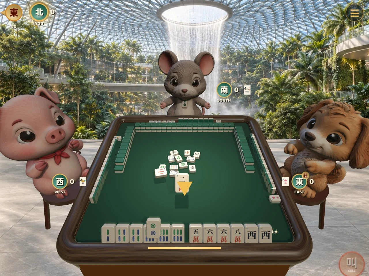 Actual Mahjong Paws gameplay with Benny, Lynn and Truman around a mahjong table in the Waterfall Garden