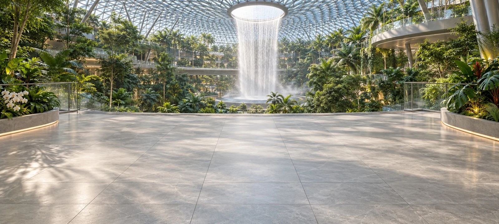 A sunlit glass garden with lush greenery and a cascading indoor waterfall